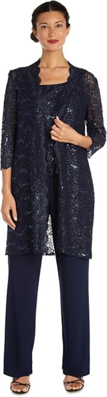 R&M Richards Women's Navy Blue Lace Glitter 3-Piece Pantsuit Size 14W